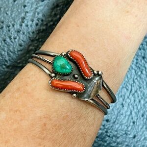 Vintage Native American Turquoise Coral Sterling Silver Cuff Bracelet Marked